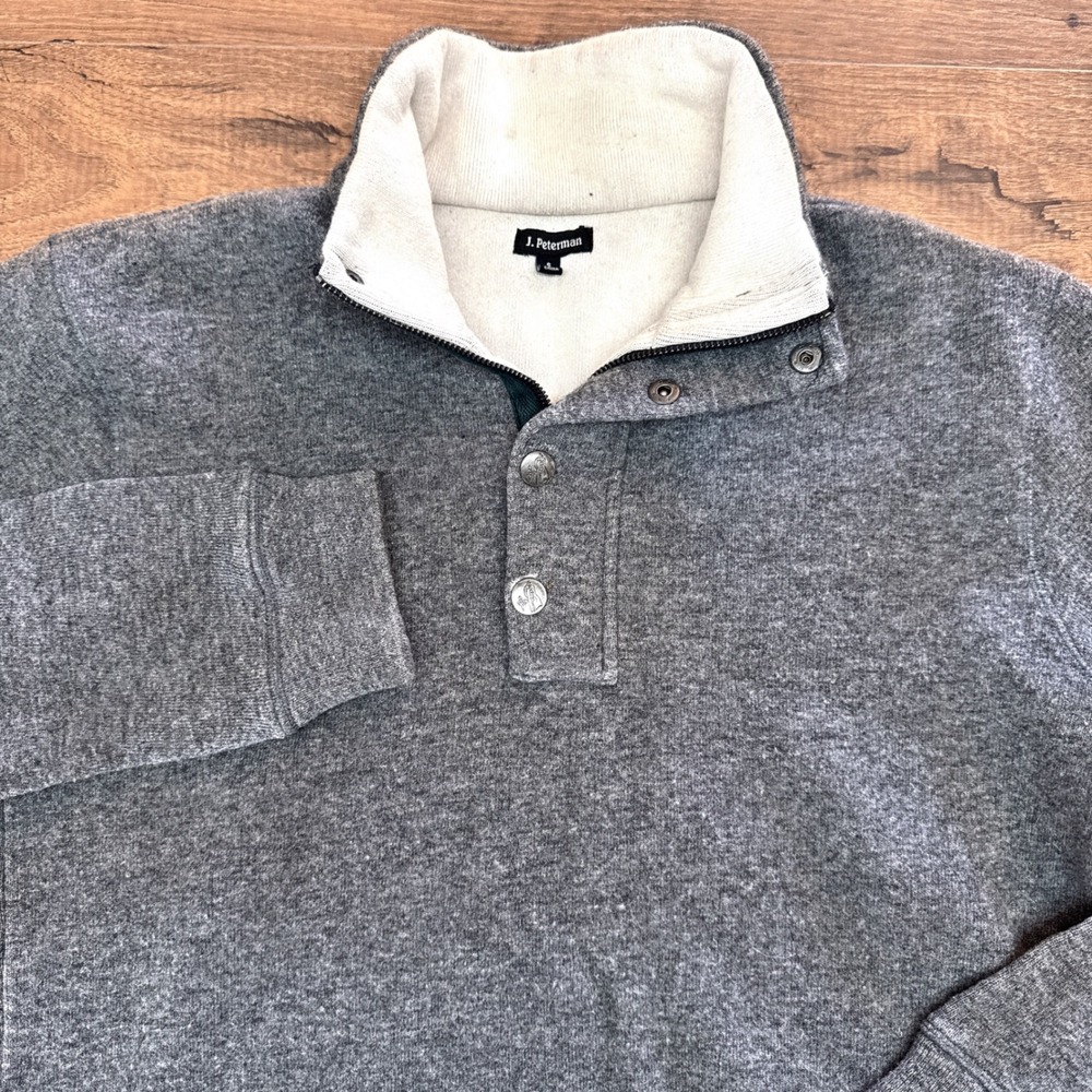 J. Peterman Mens Small Gray Pullover Mock Neck Snap Button Sweatshirt Wool Blend
